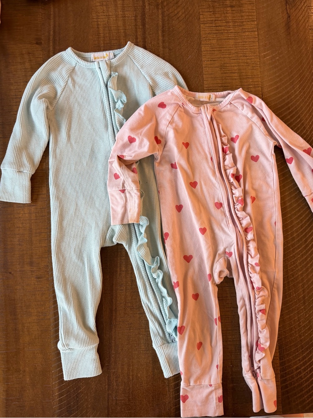 Bundle of 2 Little & Fern Frill Zip Rompers Size 12-18M Blue Waffle and Pink ❤️